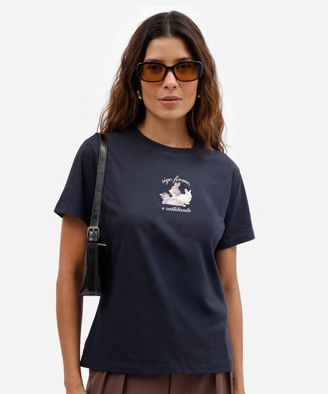 camiseta feminina de algodão com estampa coelho e saltitante azul