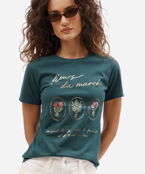 camiseta slim feminina de algodão manga curta floral básica verde