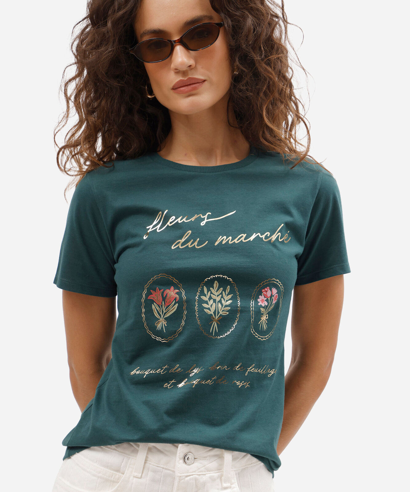 camiseta slim feminina de algodão manga curta floral básica verde