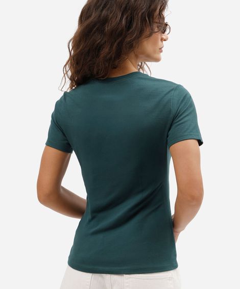 camiseta slim feminina de algodão manga curta floral básica verde