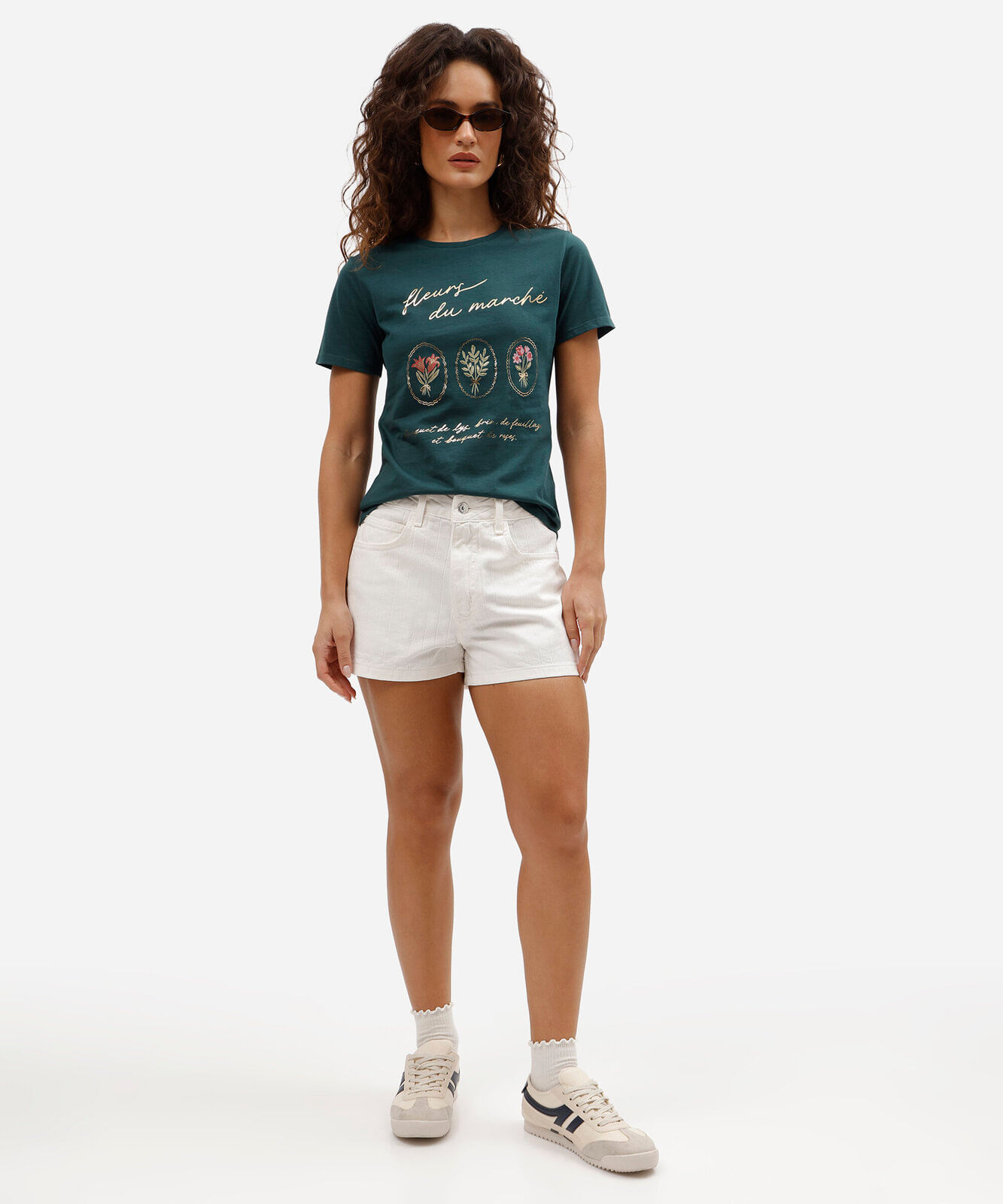 camiseta slim feminina de algodão manga curta floral básica verde