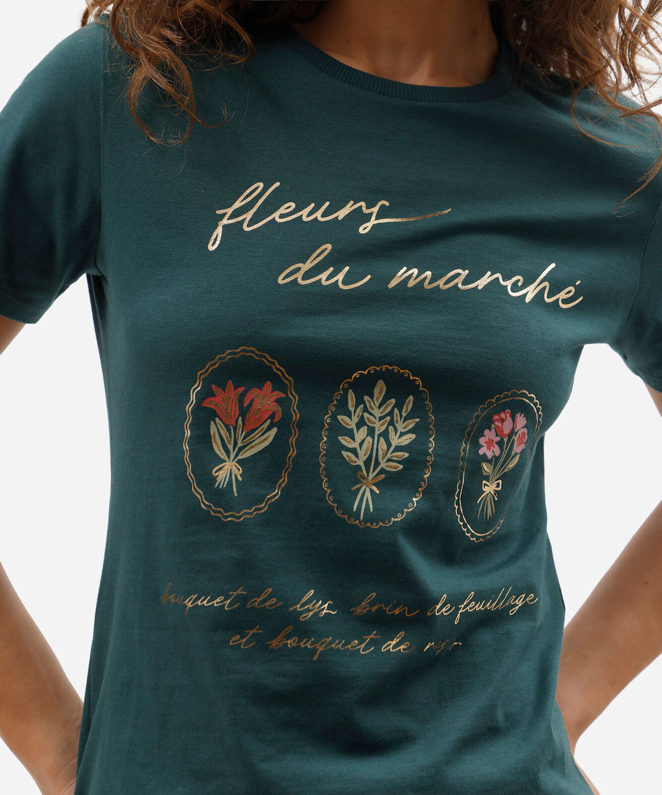 camiseta slim feminina de algodão manga curta floral básica verde