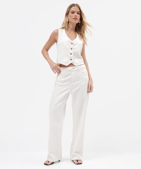 calça wide leg slim feminina de sarja cintura média off white