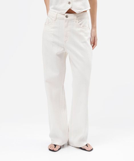 calça wide leg slim feminina de sarja cintura média off white