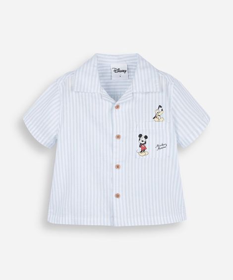 camisa infantil listrada de algodão com bolso mickey azul