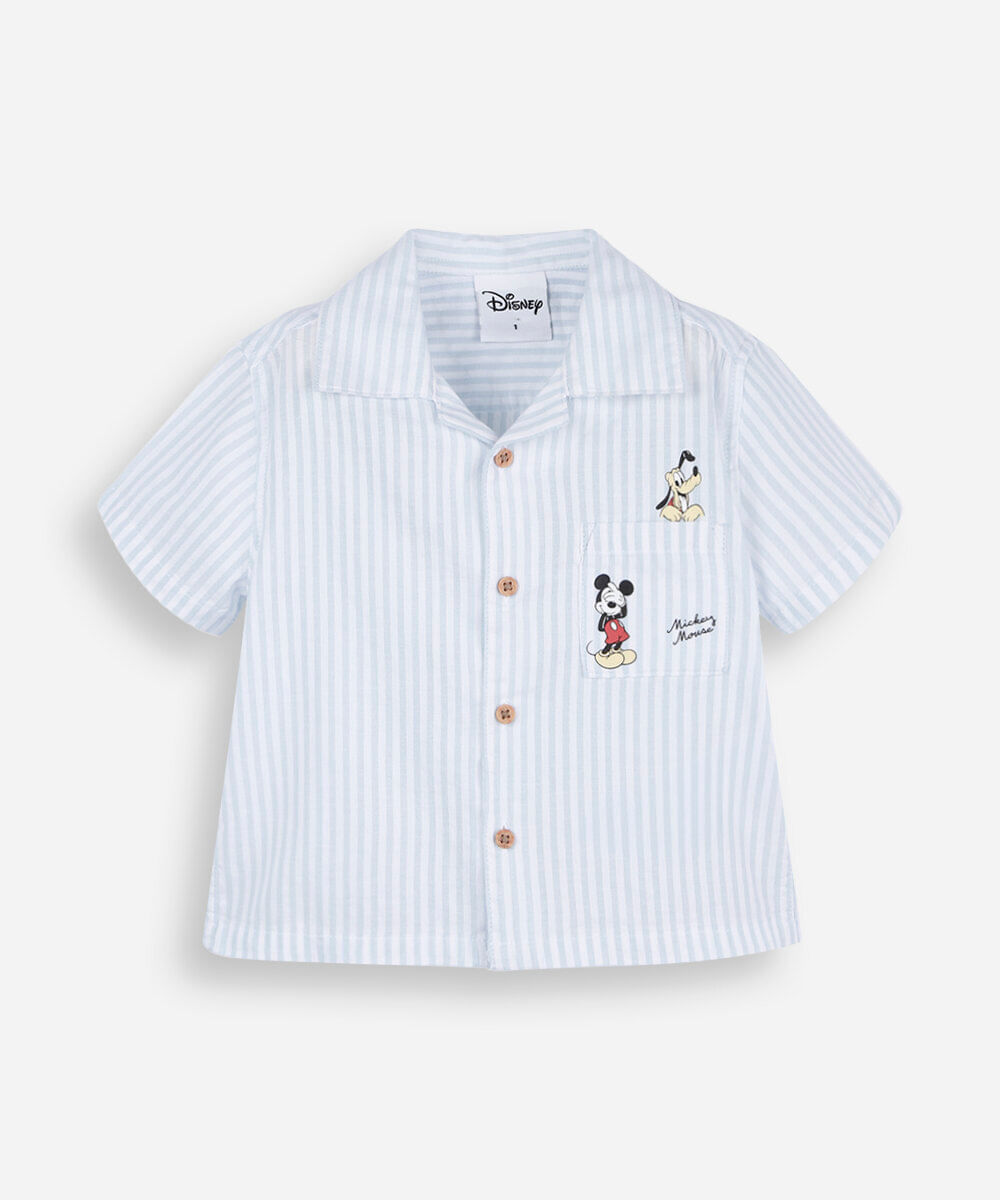 camisa infantil listrada de algodão com bolso mickey azul