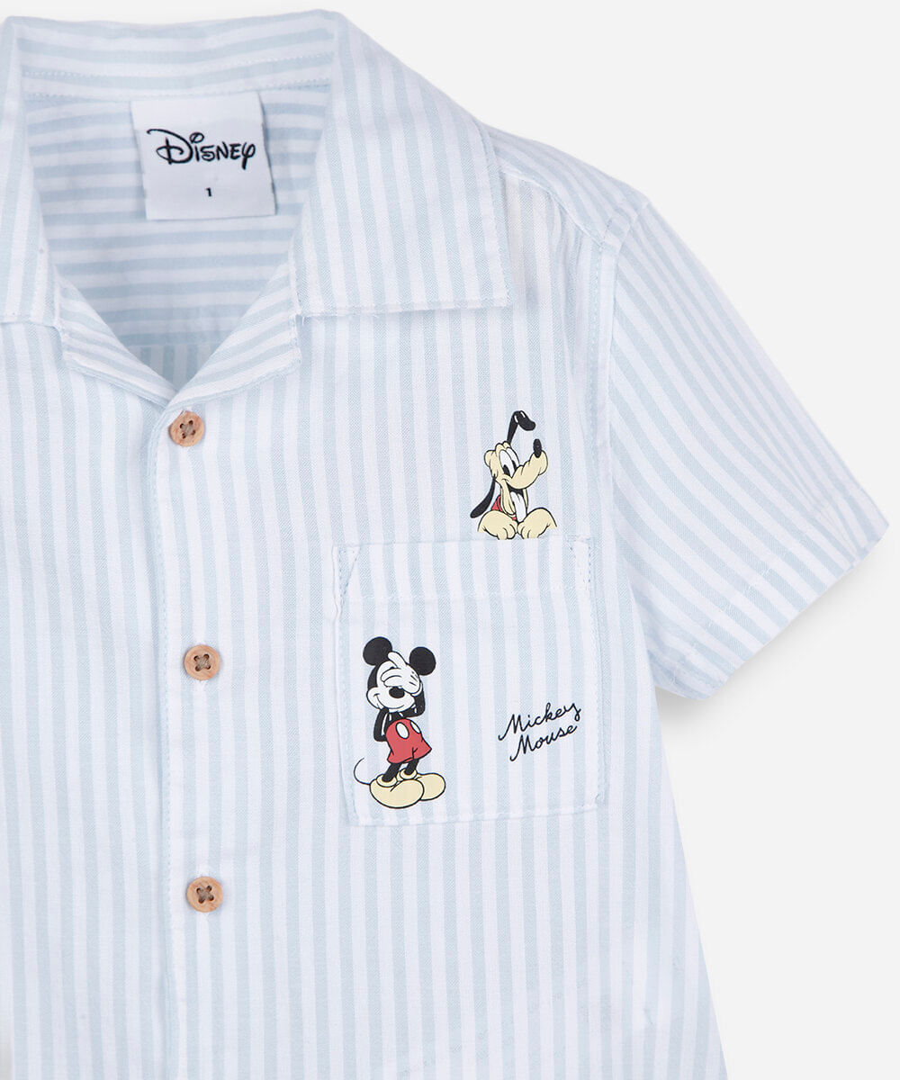 camisa infantil listrada de algodão com bolso mickey azul