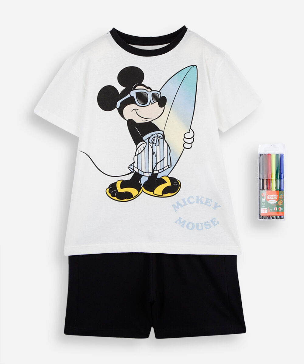 pijama curto infantil de algodão mickey disney com brinde off white