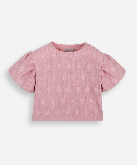 blusa infantil feminina com manga bufante em malha texturizada rosa