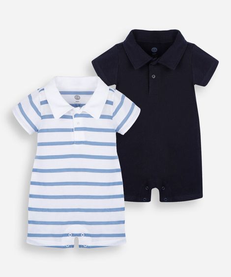 kit de 2 macacões curtos infantis de malha piqué colorido