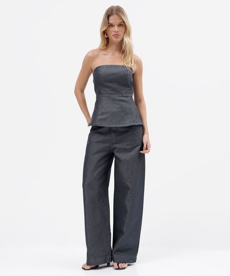calça wide leg slim feminina jeans cintura alta azul