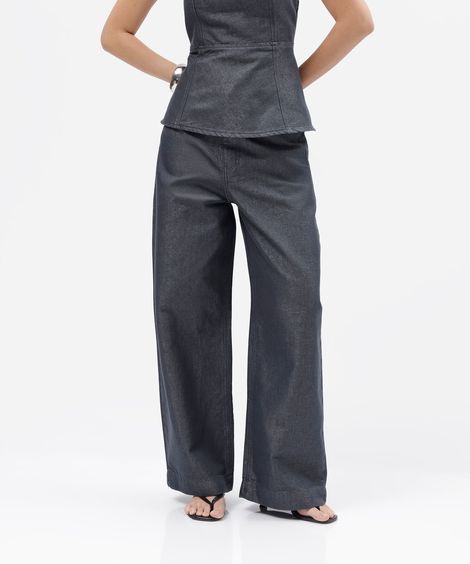 calça wide leg slim feminina jeans cintura alta azul