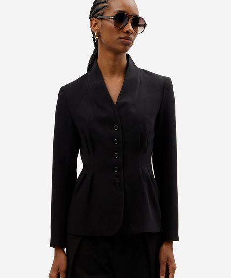 blazer peplum feminino de alfaiataria com pregas preto