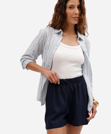 shorts feminino de linho e viscose com amarração azul