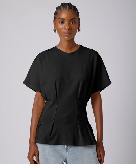 camiseta feminina de algodão manga curta com pregas mindset preta