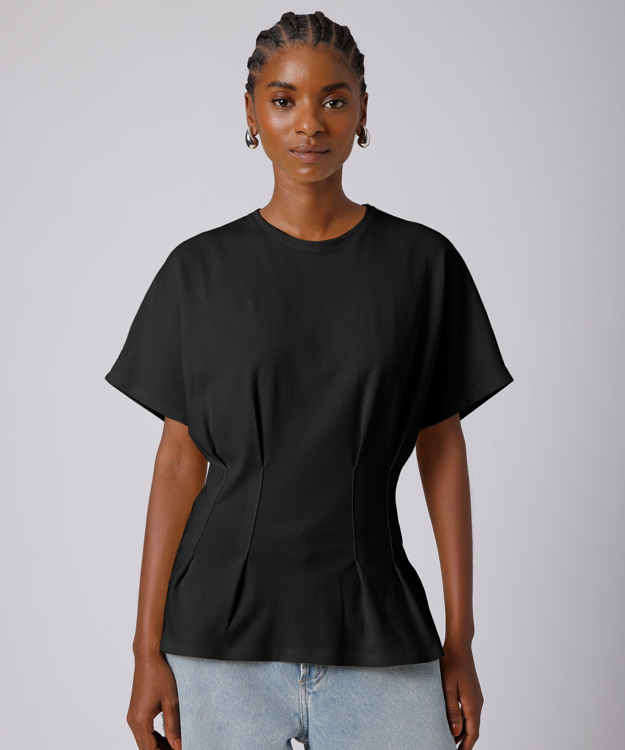 camiseta feminina de algodão manga curta com pregas mindset preta