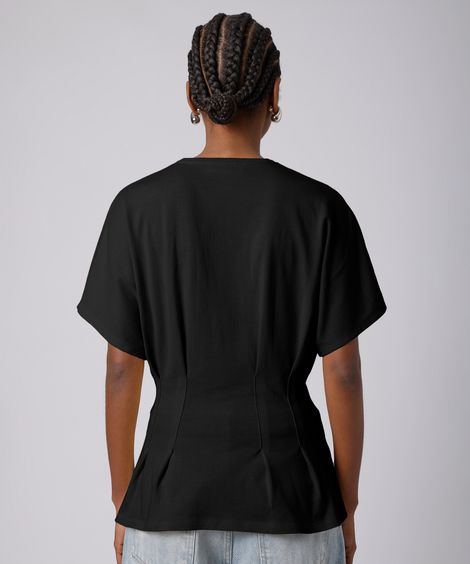 camiseta feminina de algodão manga curta com pregas mindset preta