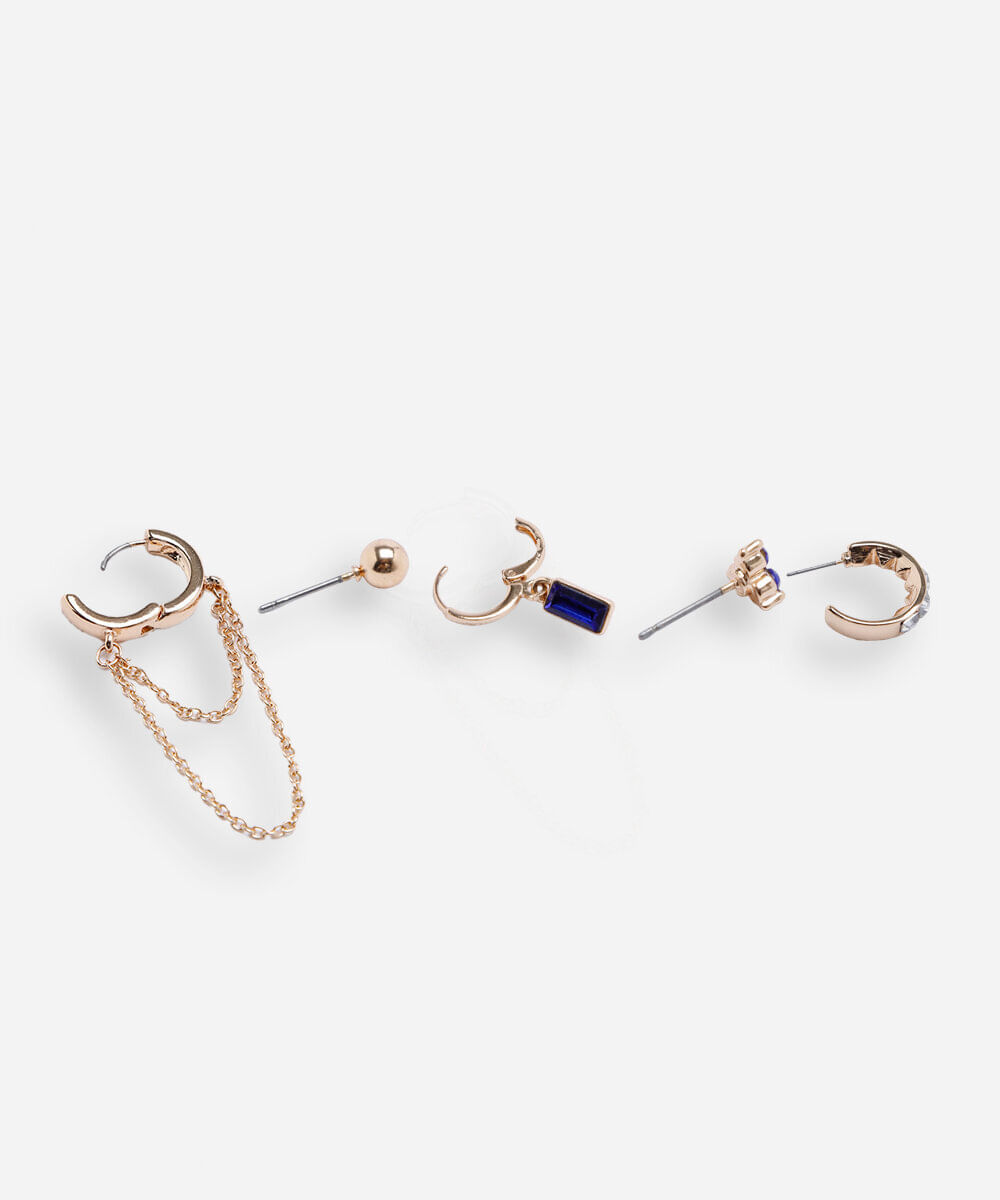 kit de 5 pares de brincos com pedraria colorido