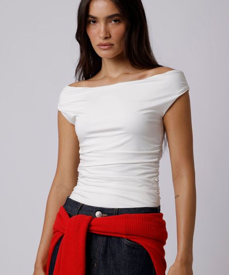 blusa ombro a ombro feminina franzida mindset off white