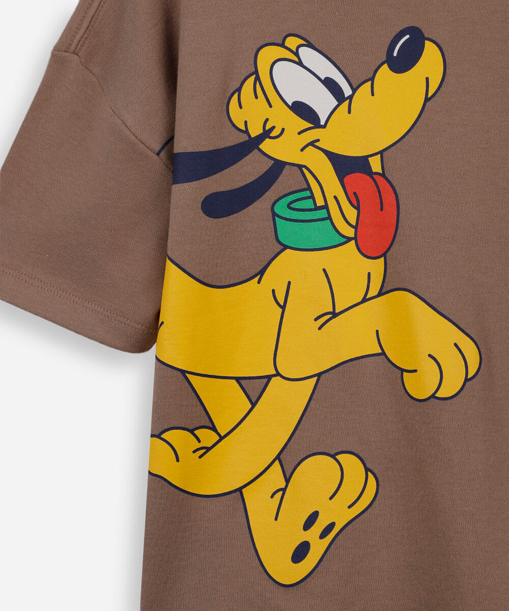 camiseta infantil com algodão manga curta pluto julia faria e mickey e amigos bege
