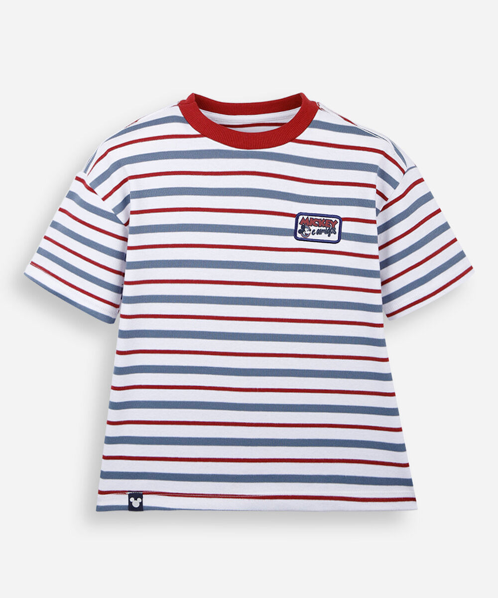 camiseta infantil com algodão manga curta listrada julia faria e mickey e amigos off white