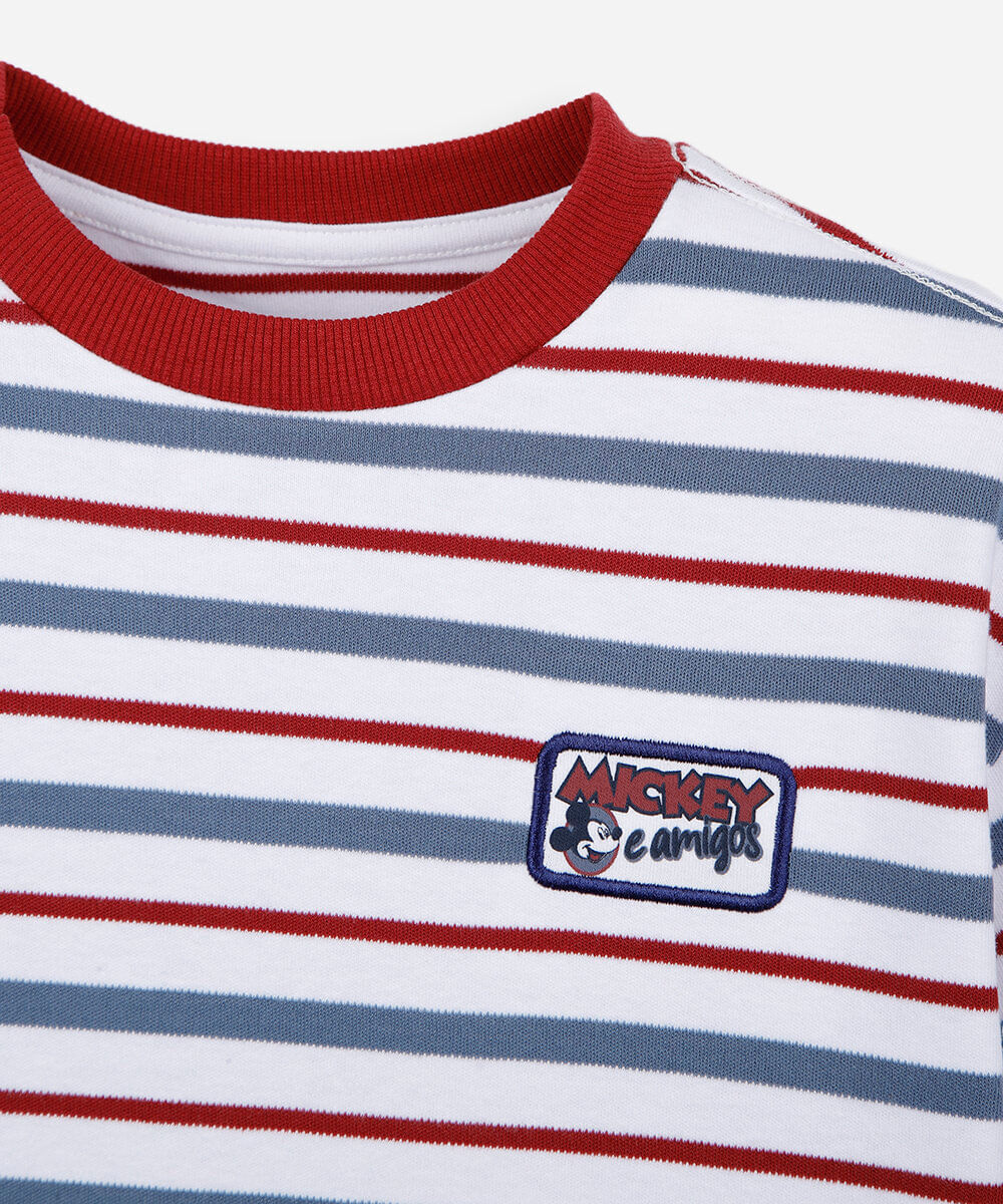 camiseta infantil com algodão manga curta listrada julia faria e mickey e amigos off white