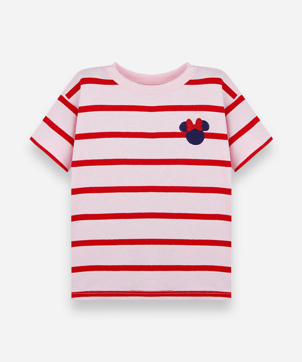 camiseta infantil com algodão manga curta listrada julia faria e mickey e amigos vermelha