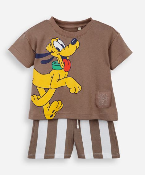conjunto curto infantil listrado pluto julia faria e mickey e amigos bege