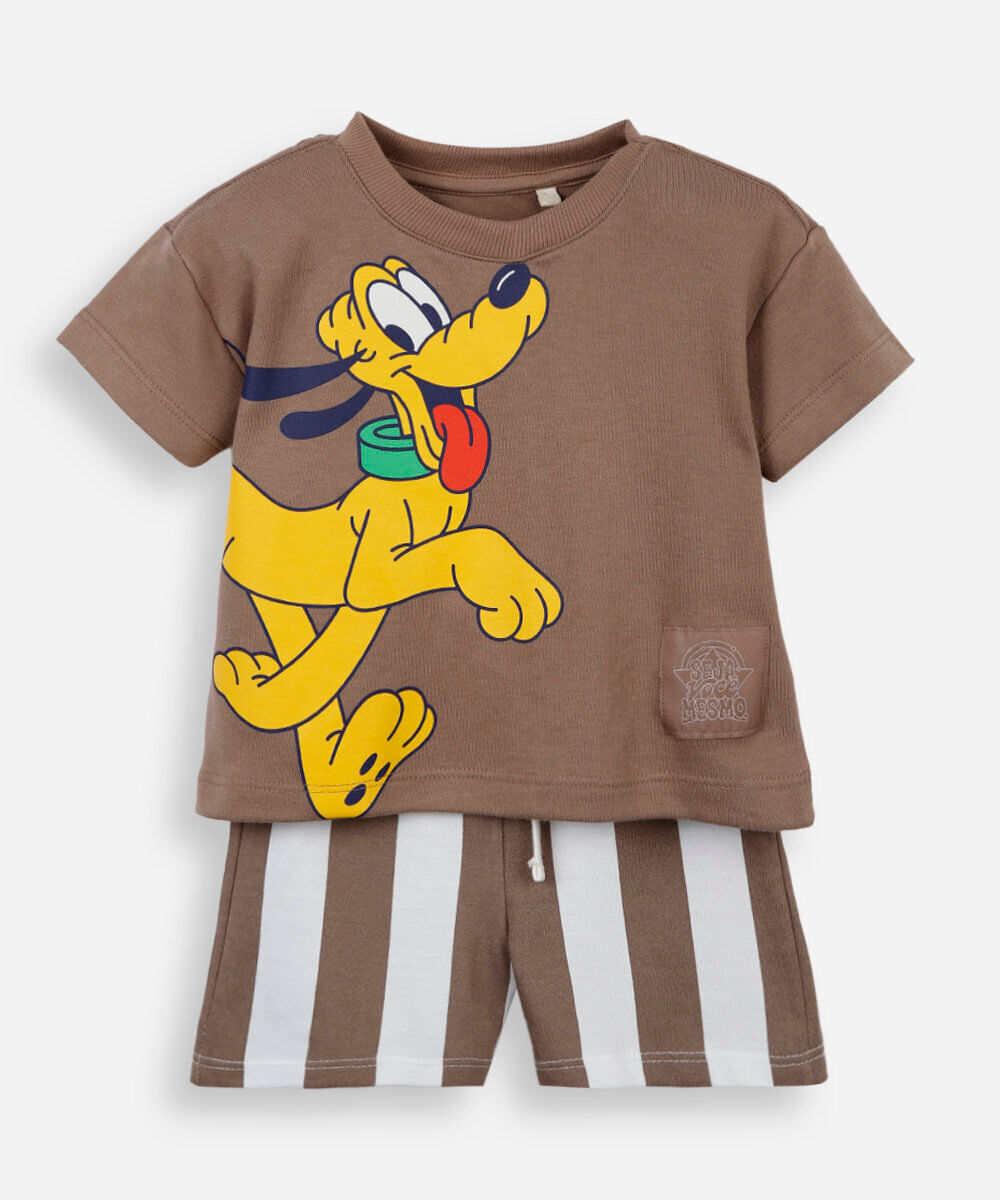 conjunto curto infantil listrado pluto julia faria e mickey e amigos bege