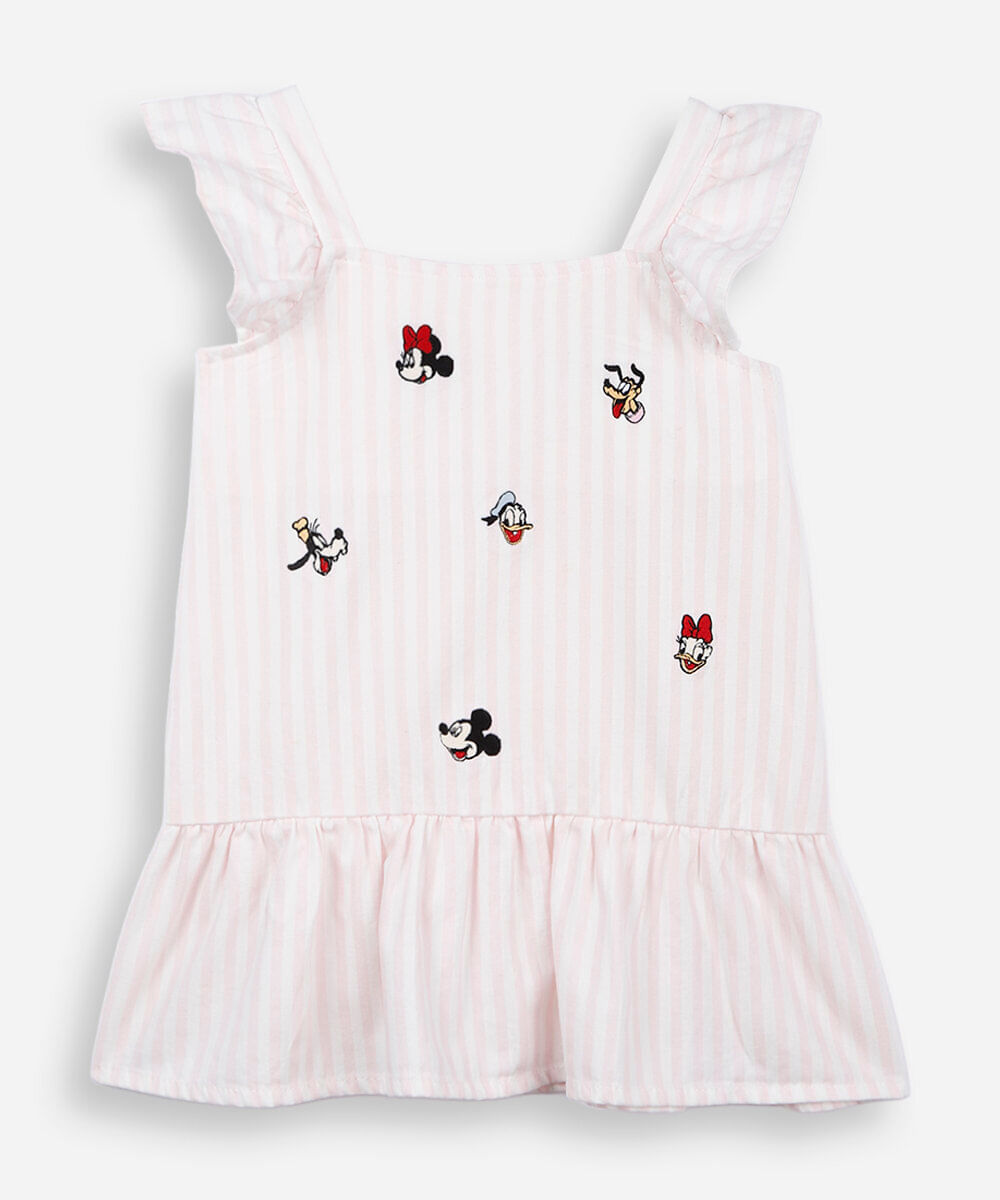 vestido infantil de algodão listrado julia faria e mickey e amigos rosa