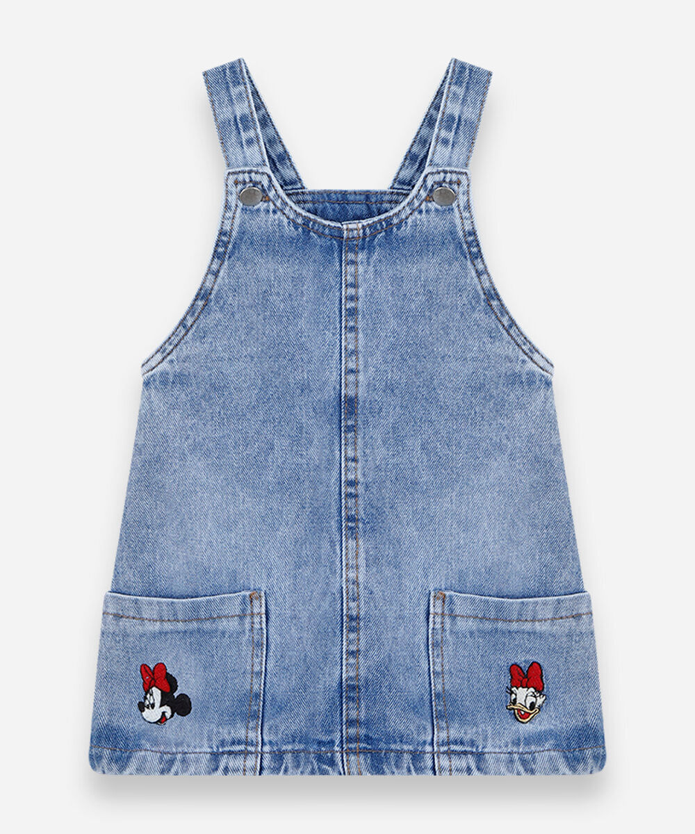 salopete infantil jeans com bordado julia faria e mickey e amigos azul