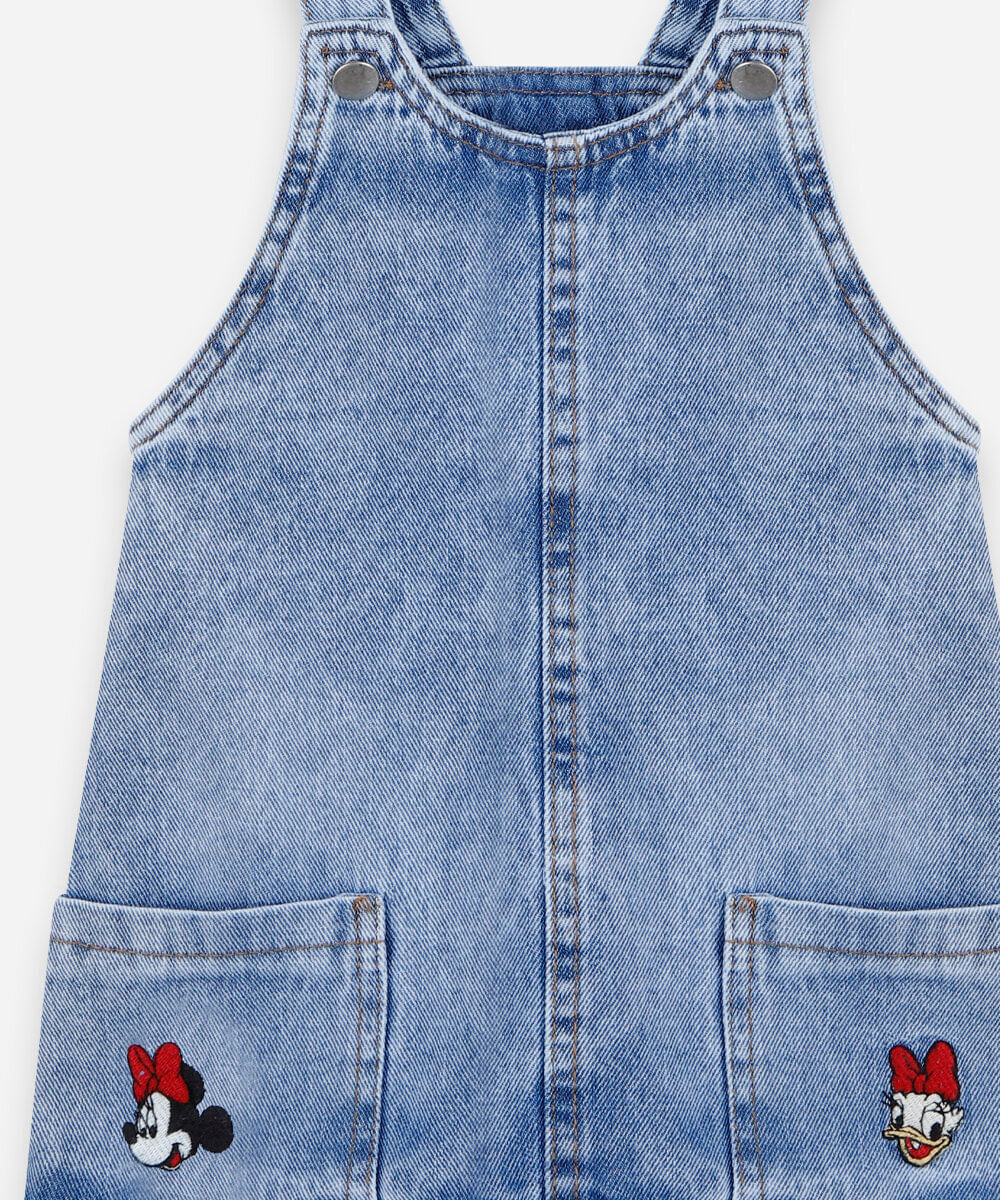 salopete infantil jeans com bordado julia faria e mickey e amigos azul