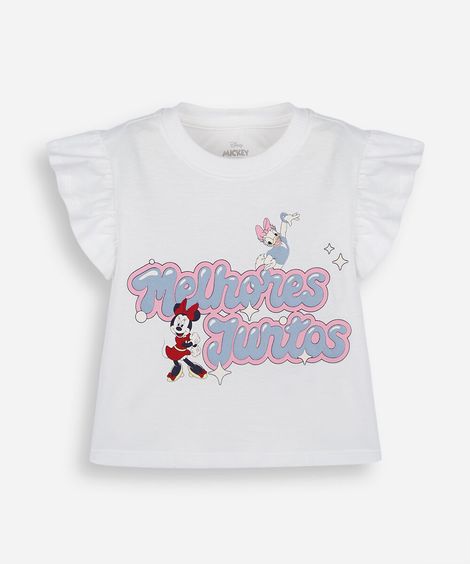 camiseta infantil de algodão com babados julia faria e mickey e amigos off white