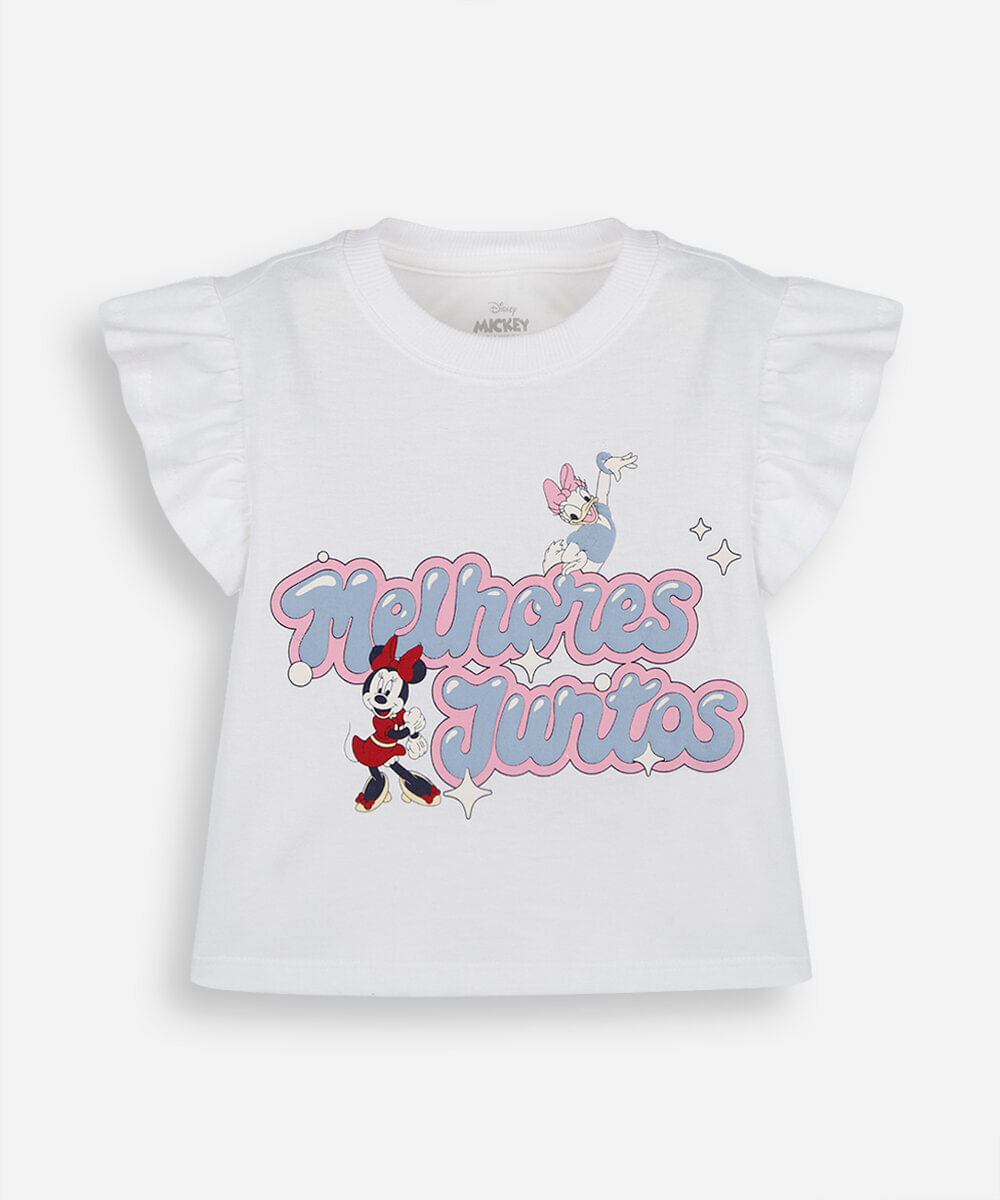 camiseta infantil de algodão com babados julia faria e mickey e amigos off white