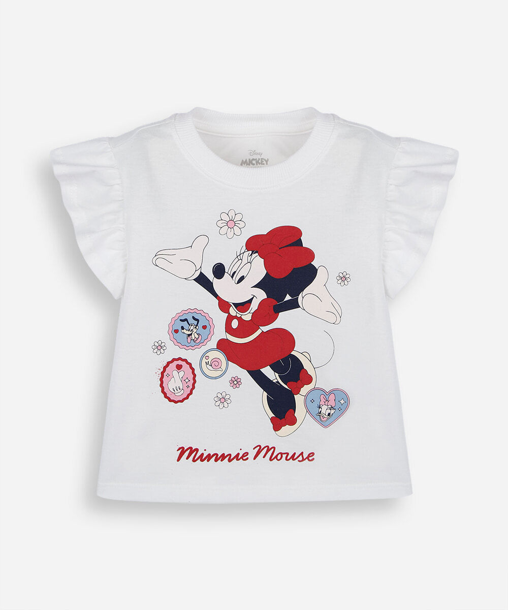 blusa infantil de algodão minnie com babado julia faria e mickey e amigos off white
