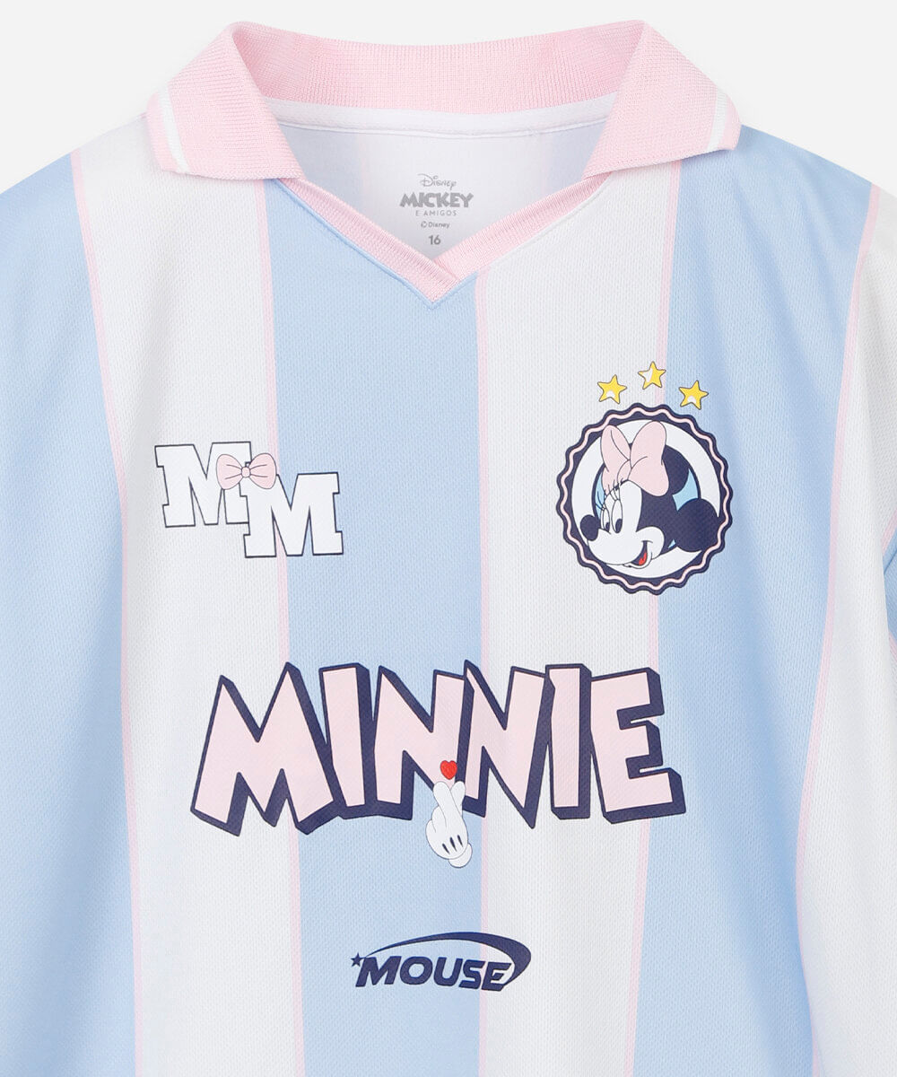 camiseta juvenil esportiva com gola listrada julia faria e mickey e amigos off white