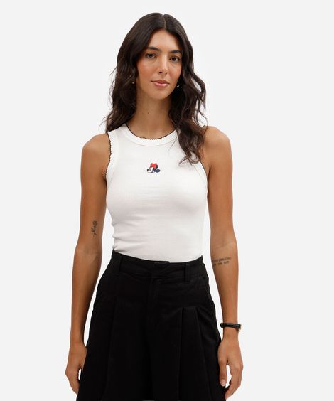 regata feminina de algodão com bordado minnie canelada julia faria e mickey e amigos off white