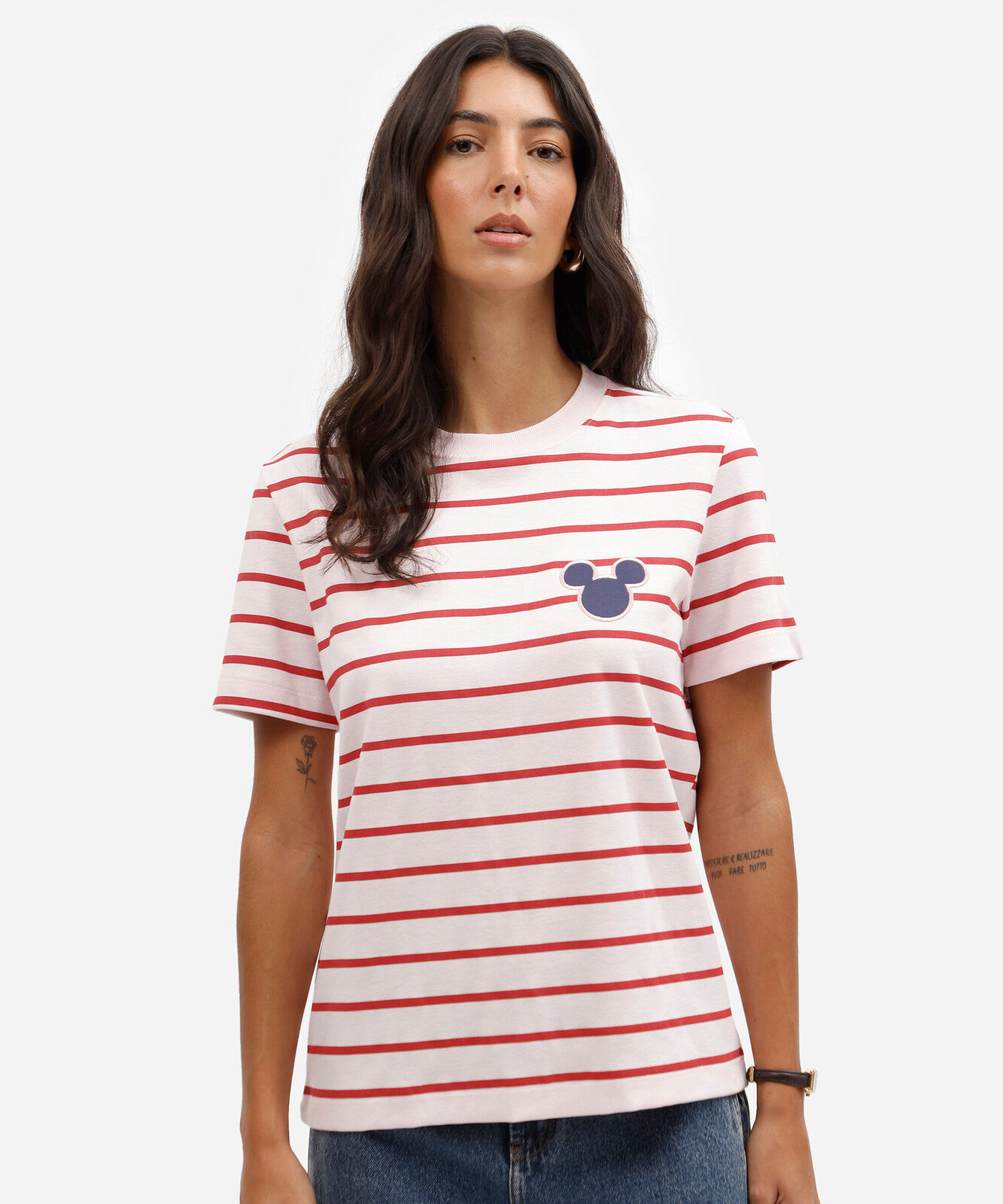 camiseta feminina com algodão manga curta listrada julia faria e mickey e amigos rosa