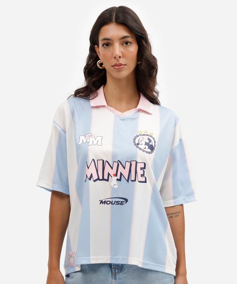 camiseta feminina manga curta com gola listrada julia faria e mickey e amigos off white