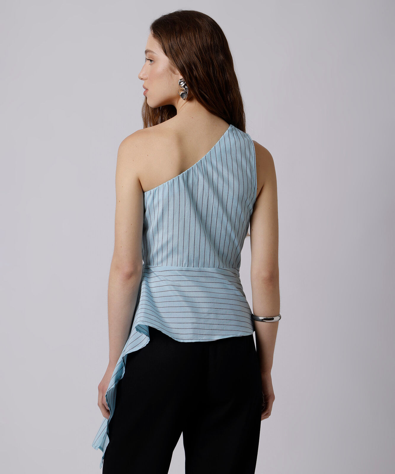 blusa peplum ombro único feminina mindset azul