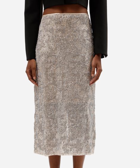 saia midi feminina bordada com paetê bege