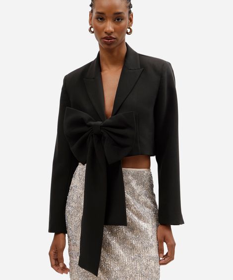 blazer cropped feminino de alfaiataria com laço preto