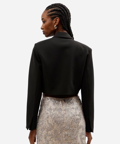 blazer cropped feminino de alfaiataria com laço preto