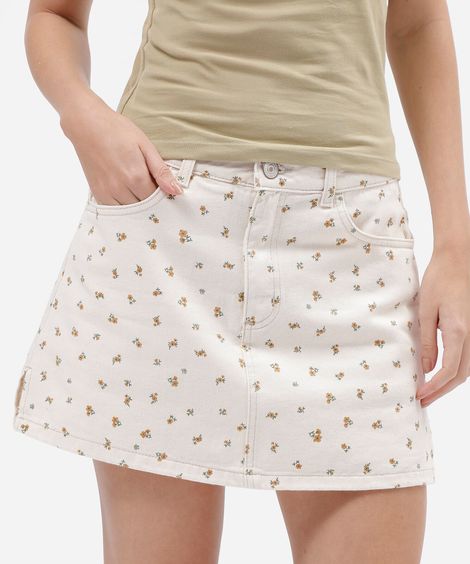 short saia feminino de sarja cintura alta floral bege