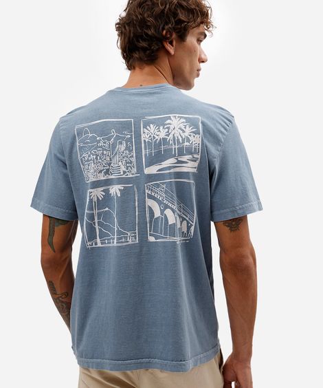 camiseta masculina de algodão manga curta estampada estonada azul