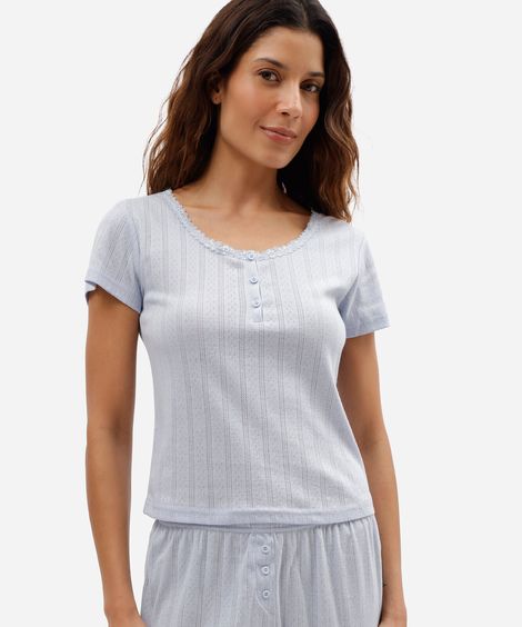 blusa de pijama feminina manga curta em malha canelada com botões azul