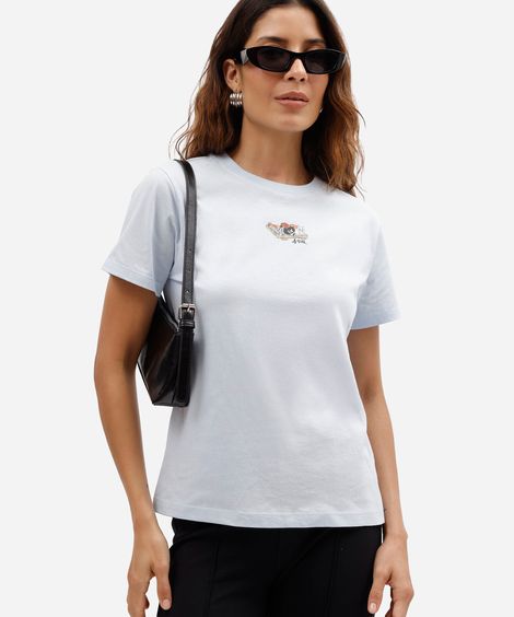 camiseta feminina de algodão manga curta estampada básica azul