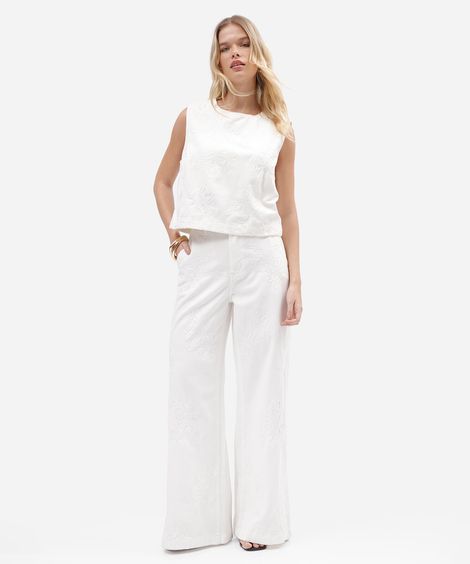 calça wide leg feminina de sarja cintura alta bordada floral branca