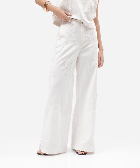 calça wide leg feminina de sarja cintura alta bordada floral branca