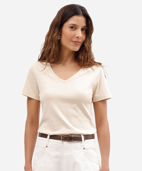 camiseta básica feminina de algodão com decote v bege